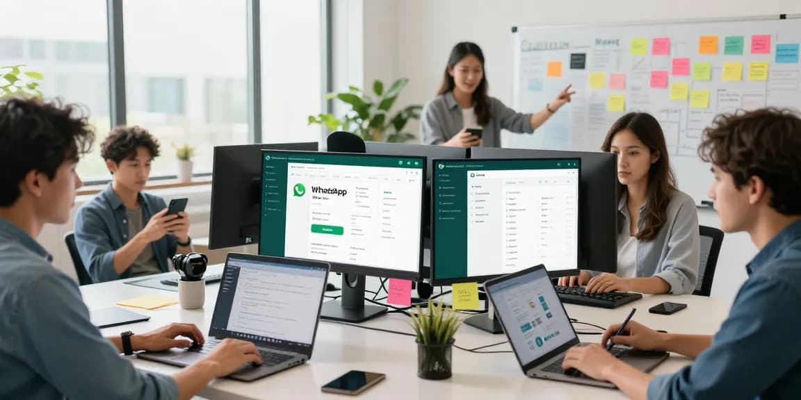 Team collaborating in a modern workspace while using WhatsApp網頁版 on desktops and laptops.