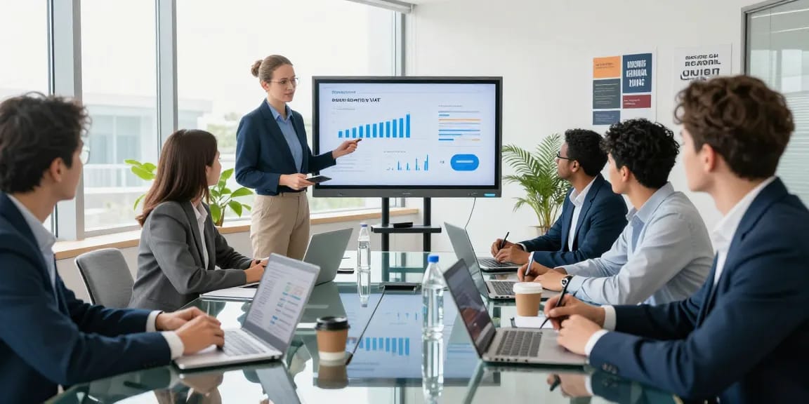 Team discussing the business electricity VAT rate benefits in a bright conference room