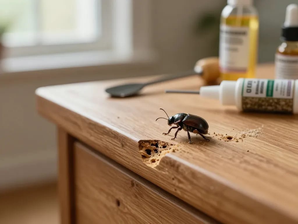Eliminazione del coleottero del legno visibile in legno danneggiato con fori e polvere, mostrando segni di infestazione da tarli.