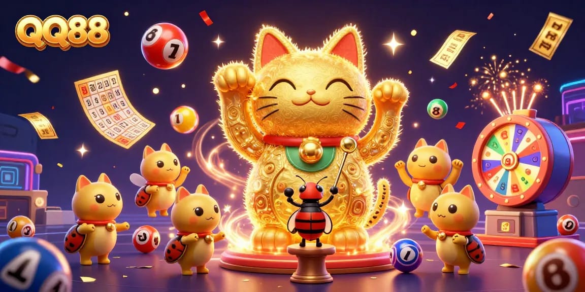 Engage in the vibrant QQ88 casino experience surrounded by a lucky cat formed by golden fireflies and lottery balls.