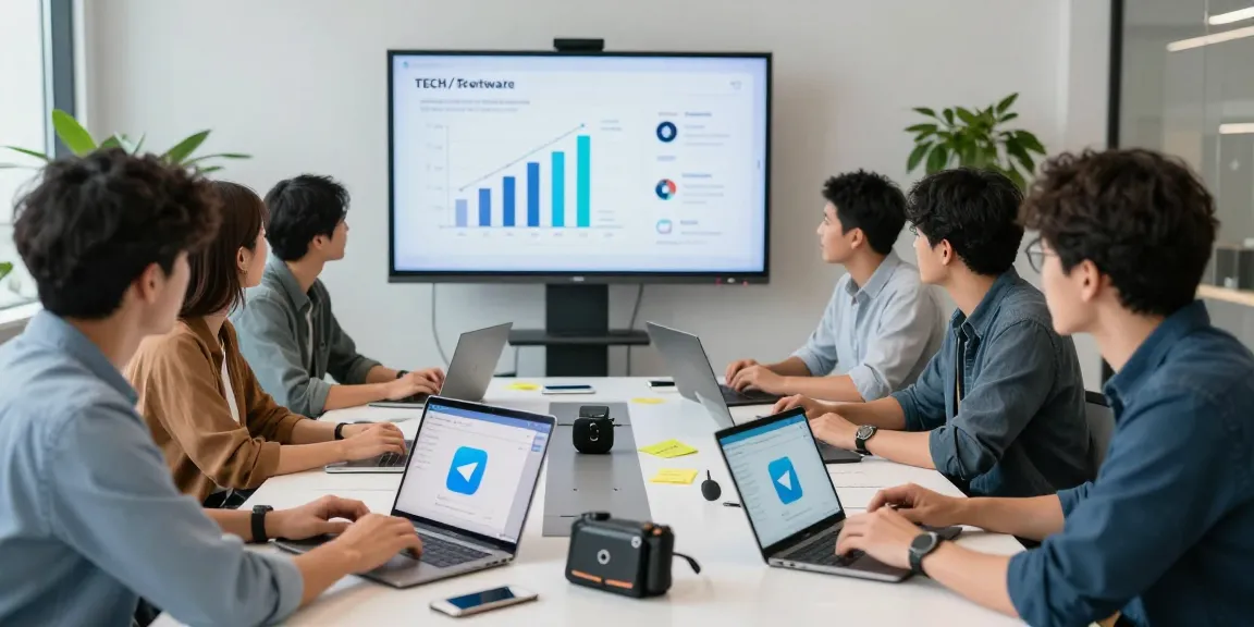 Team discussing how to Download Telegram in a modern tech office setting.