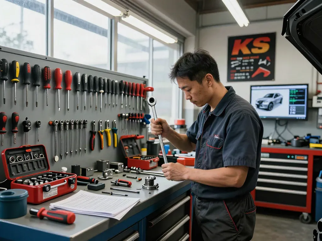 Meccanico utilizza strumenti KS Tools in un'officina auto ordinata