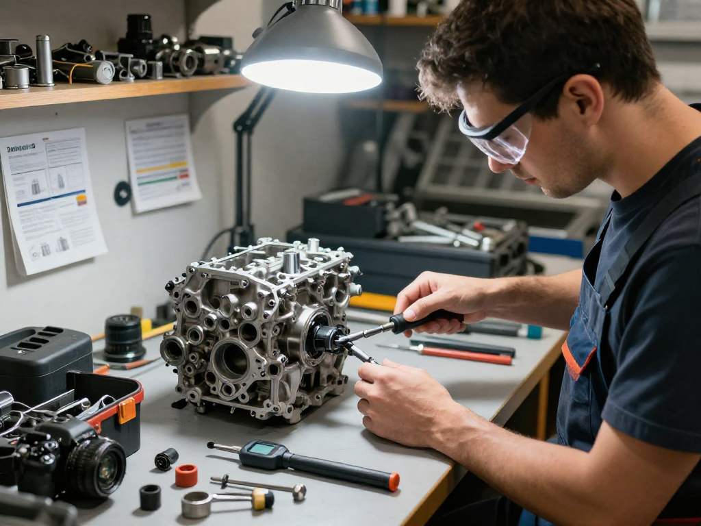 Utilizzo di un cacciavite dinamometrico da parte di un tecnico su un motore, con strumenti e parti di ricambio sul bancone di lavoro.