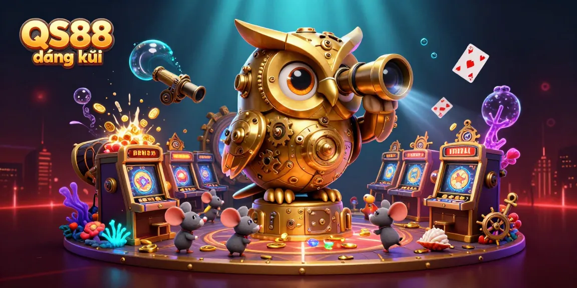 Experience the thrill of QS88 đăng ký with a vibrant 3D casino scene featuring golden owl and whimsical mice.