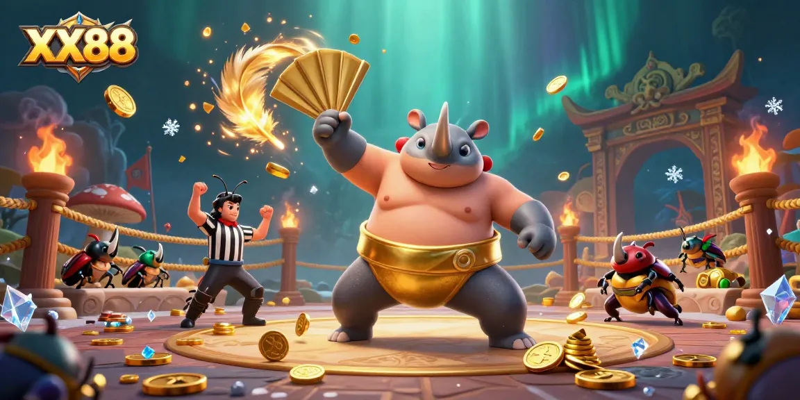 Engage in thrilling games at XX88, showcasing a powerful sumo beetle champion amid gold coins and dynamic action.