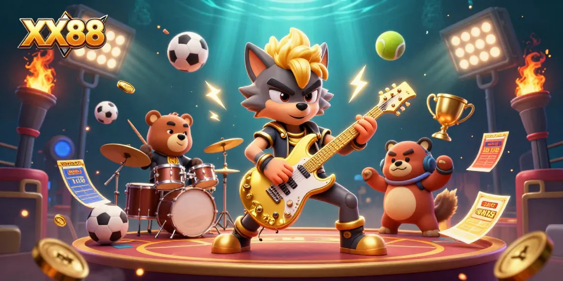 Engage in thrilling action with XX88 as a rock star wolf plays guitar among dynamic sports betting elements.