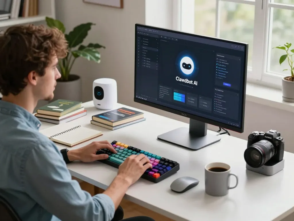 Developer uses mac mini with ClawdBot AI in a bright home office.