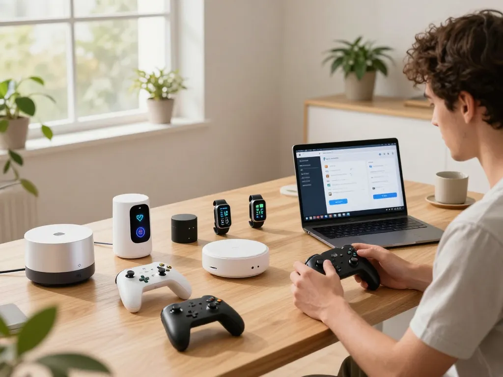 Smart tech gadgets spread across a modern workspace, showcasing Bluetooth devices and productivity tools.