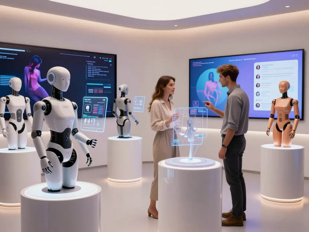 Exploring innovative sex bots in a modern showroom highlighting technology and design.