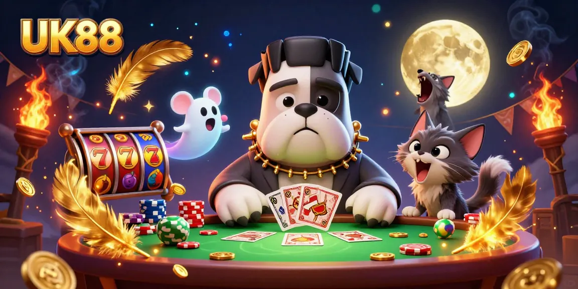 UK88 engages players in a thrilling scene with a Frankenstein bulldog cartoon dealer and ghost elements.