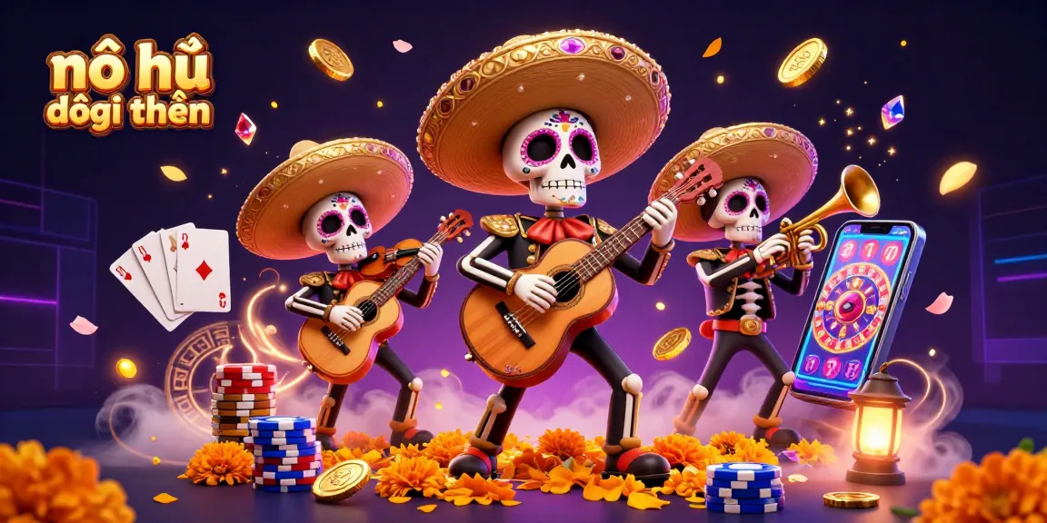 Engage with the excitement of nổ hũ đổi thưởng through vibrant 3D illustration featuring a mariachi band amidst falling coins and gems.