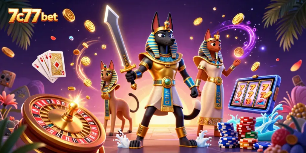 Engage with the 7c77 bet experience through a vivid casino-themed illustration.