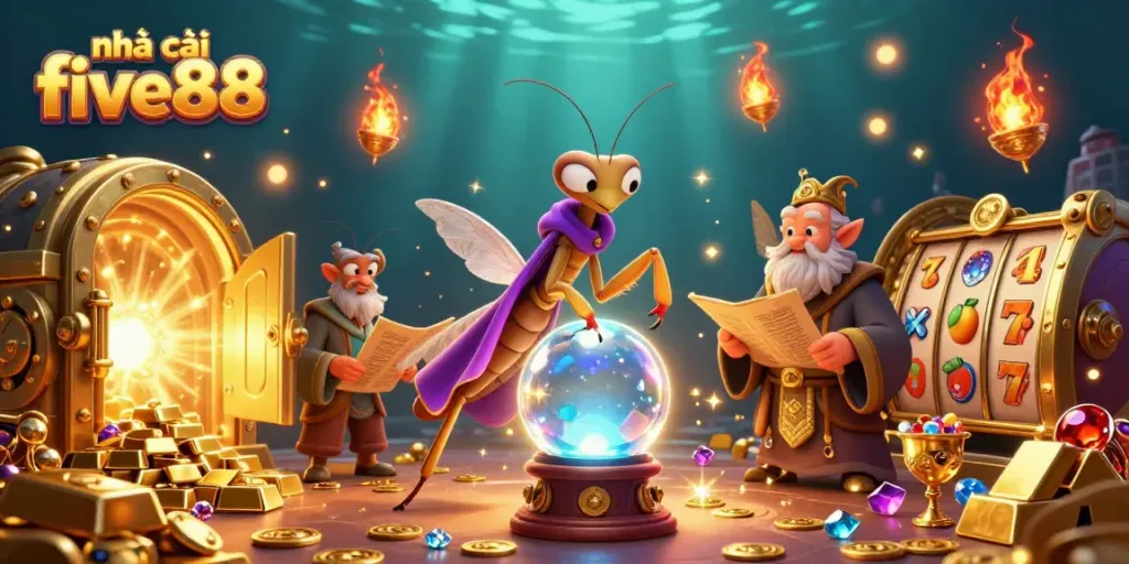 Experience exciting wins at nhà cái five88 with vibrant 3D casino scene of fortune tellers and treasures.