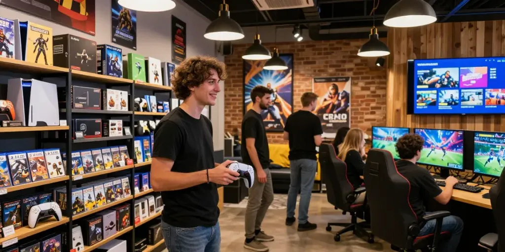 Customer engaging at the rokok88 link login game store, showcasing consoles and games.
