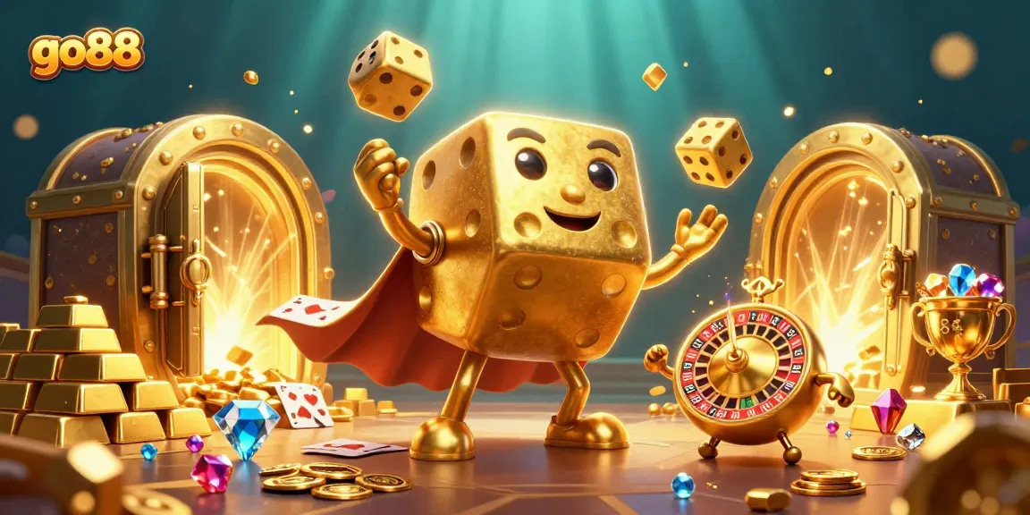 Win exciting jackpots at go88 with a vibrant 3D casino scene featuring golden treasures and festive game elements.
