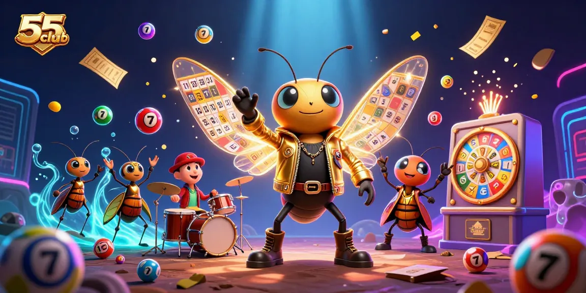 Experience vibrant gaming at 55club with a 3D cartoon cicada rock star and dynamic casino elements.