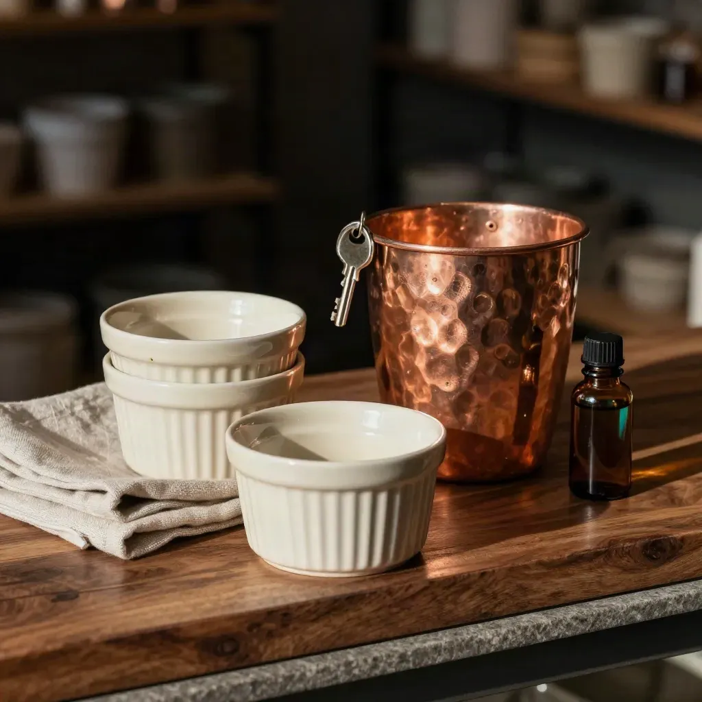 Ramekins in ceramica, tazza di rame e bottiglia ambrata su legno caldo, luce drammatica.