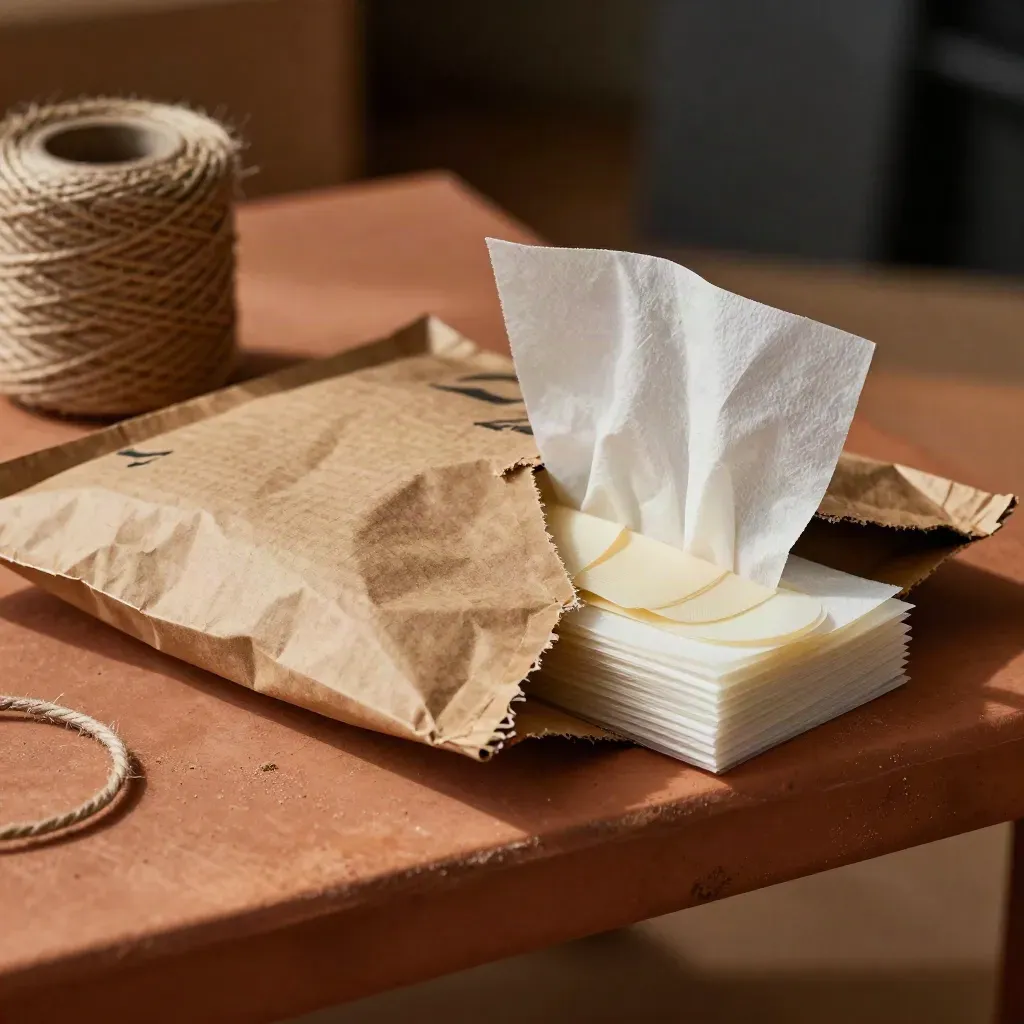 Mailer kraft aperto con spago, velina e sigilli adesivi su fondo terracotta.