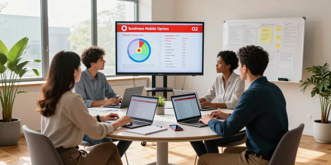 Team discussing Vodafone vs O2 business mobile plans in a modern office setting.