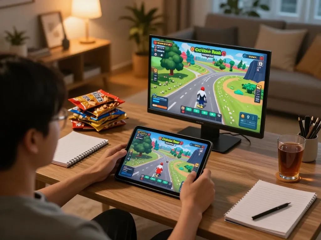 Gioco coinvolgente alle recensioni di Chicken Road Casino con un giocatore che utilizza un tablet in un accogliente ambiente domestico