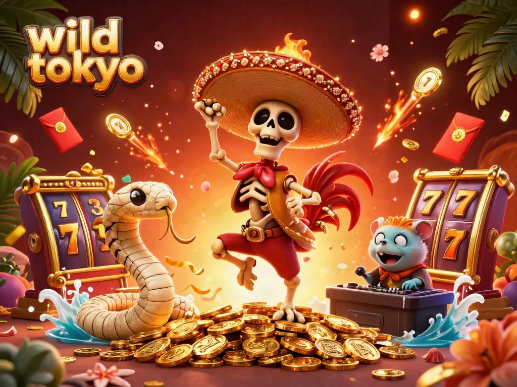 Experience wild tokyo as a jubilant skeleton mariachi rooster dances atop golden coins, embodying casino excitement.