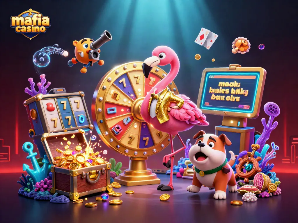 Mafia casino vibrant 3D illustration featuring a host, contestant, and prizes in a dynamic slot game scene.