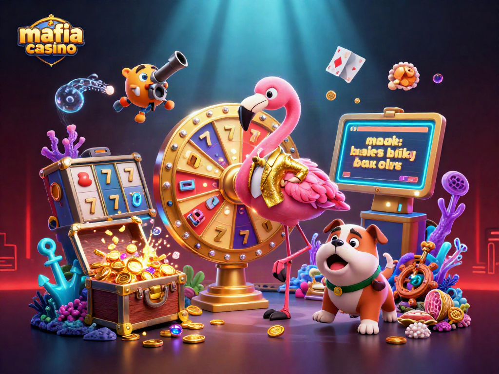 Mafia casino vibrant 3D illustration featuring a host, contestant, and prizes in a dynamic slot game scene.