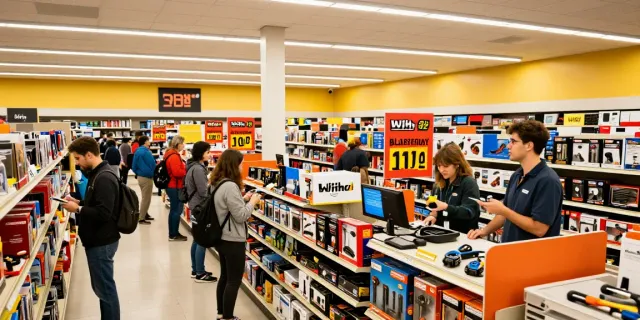 Offerte del Black Friday Wiha in un negozio affollato con clienti entusiasti.