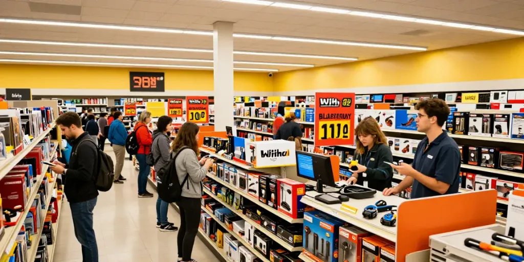 Offerte del Black Friday Wiha in un negozio affollato con clienti entusiasti.