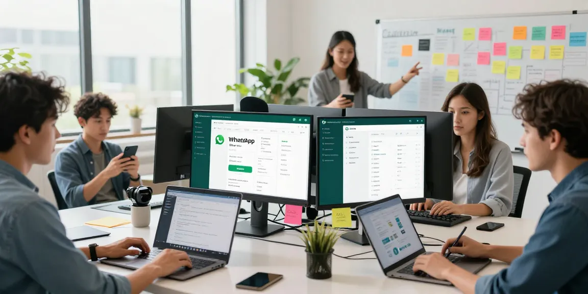 Team collaborating in a modern workspace while using WhatsApp網頁版 on desktops and laptops.