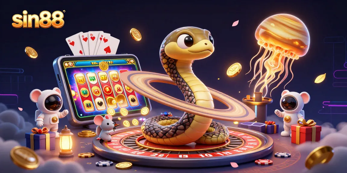 Engage with sin88's immersive casino experience featuring a vibrant 3D cosmic scene with playful elements.