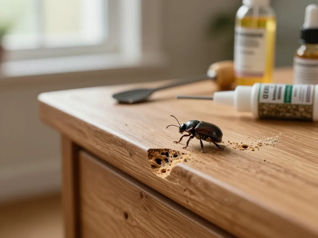 Eliminazione del coleottero del legno visibile in legno danneggiato con fori e polvere, mostrando segni di infestazione da tarli.
