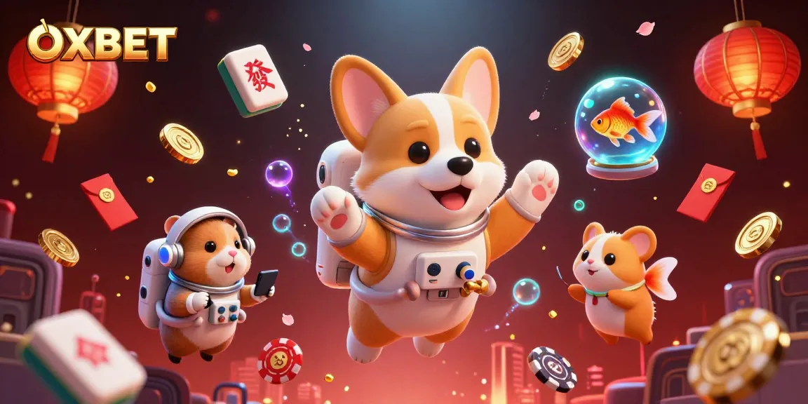 Experience the excitement of OXBET with a playful space casino scene featuring a corgi and friends.