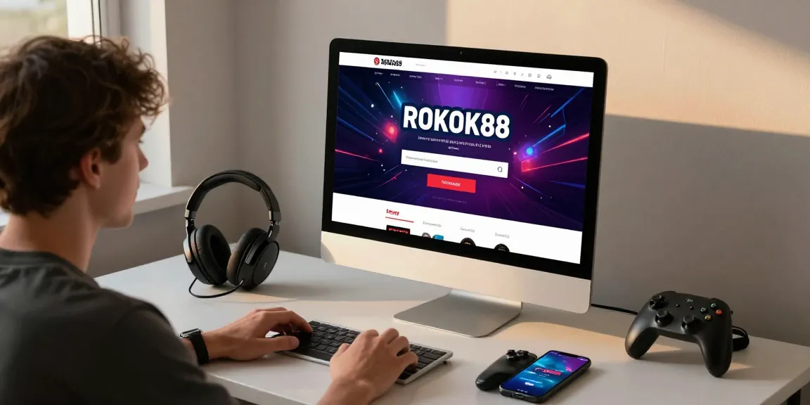 Engaging ROKOK88 login scene with user-friendly interface and gaming accessories in cozy workspace.