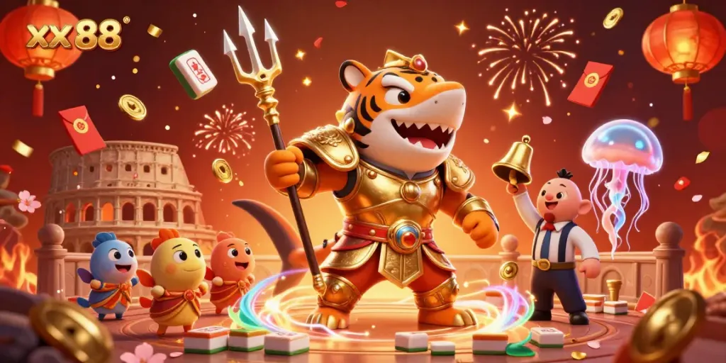 Engage with the vibrant xx 88 casino atmosphere featuring a golden-trident shark and festive game elements.