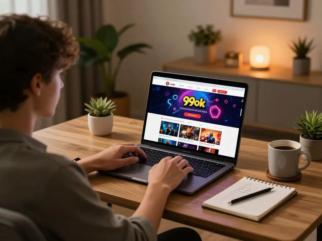 Experience online gaming on 99ok with a dynamic laptop scene showcasing betting strategies