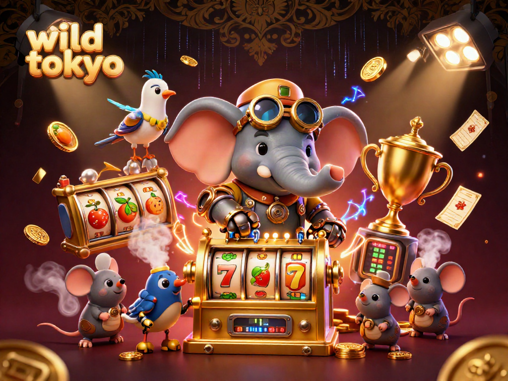 Spin the golden slot machine at wild tokyo featuring a steampunk elephant engineer amid dynamic gaming elements.