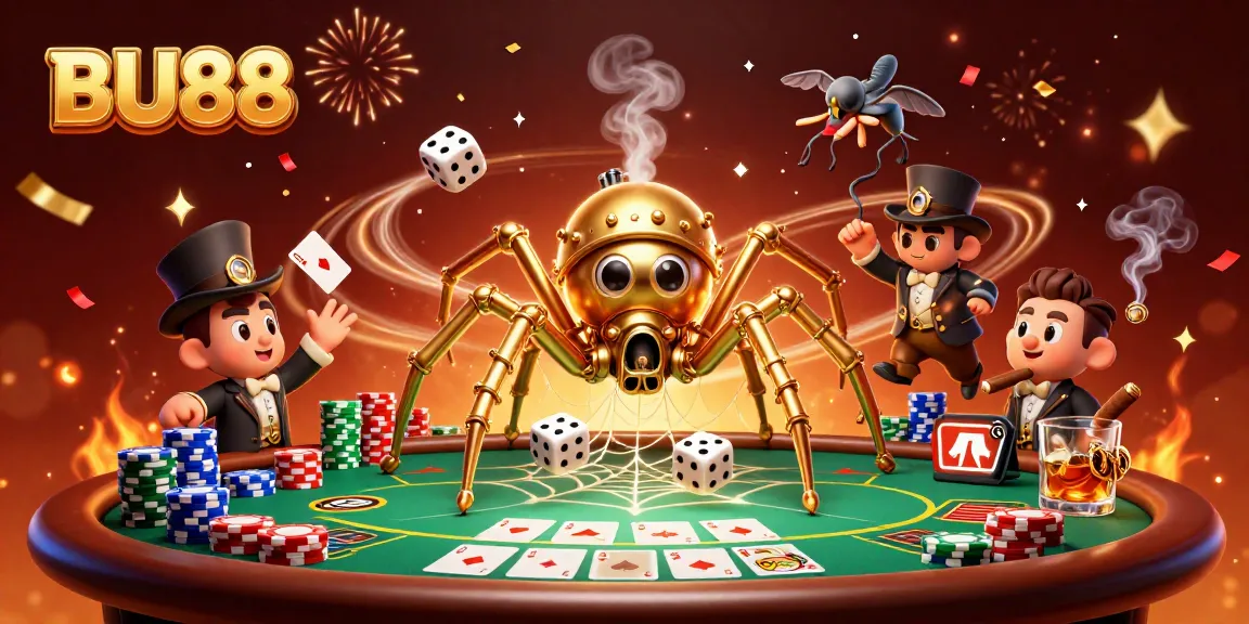 Engage with BU88 in a vibrant 3D casino scene filled with golden poker elements and whimsical characters.
