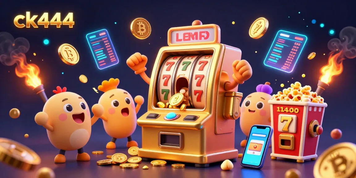 Engage with ck444's thrilling slots experience as the jubilant slot machine celebrates a jackpot amidst a flurry of coins and cheering baby machines.