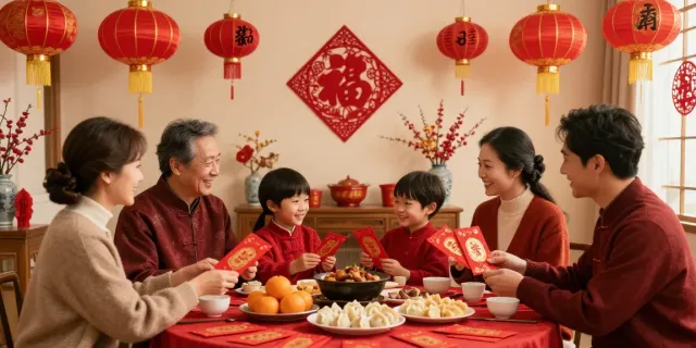 Celebration scene with rokok88 slot login red decorations and family gatherings during Chinese New Year.