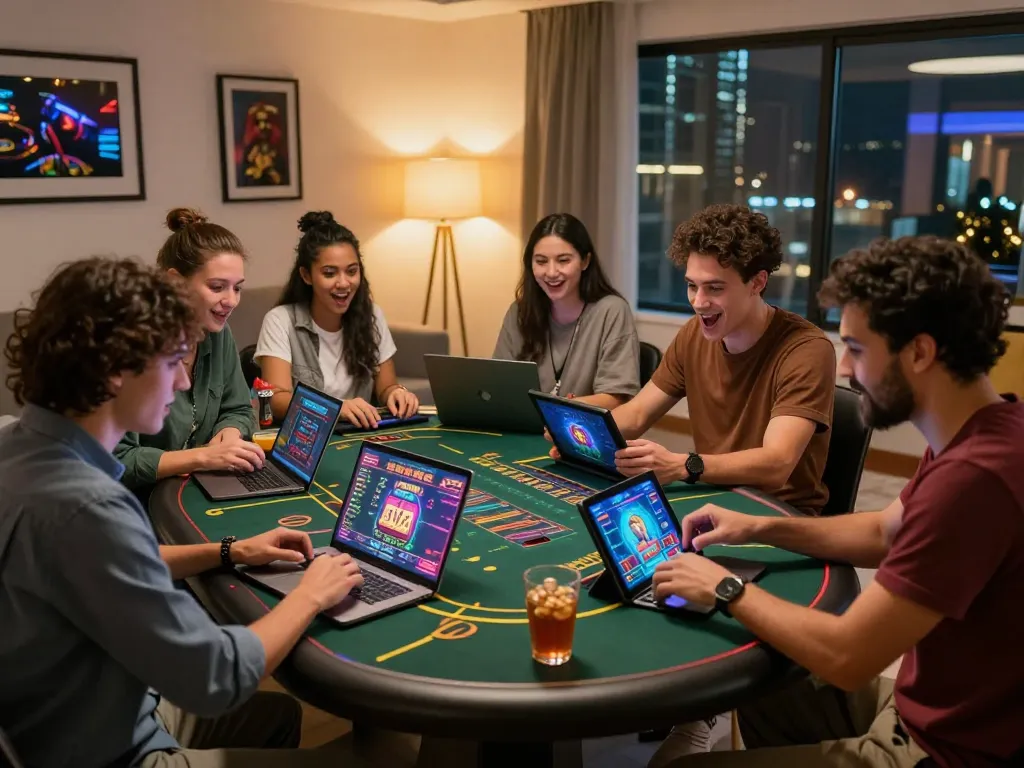 Friends enjoying an engaging MM88 online casino gaming experience with excitement and snacks.