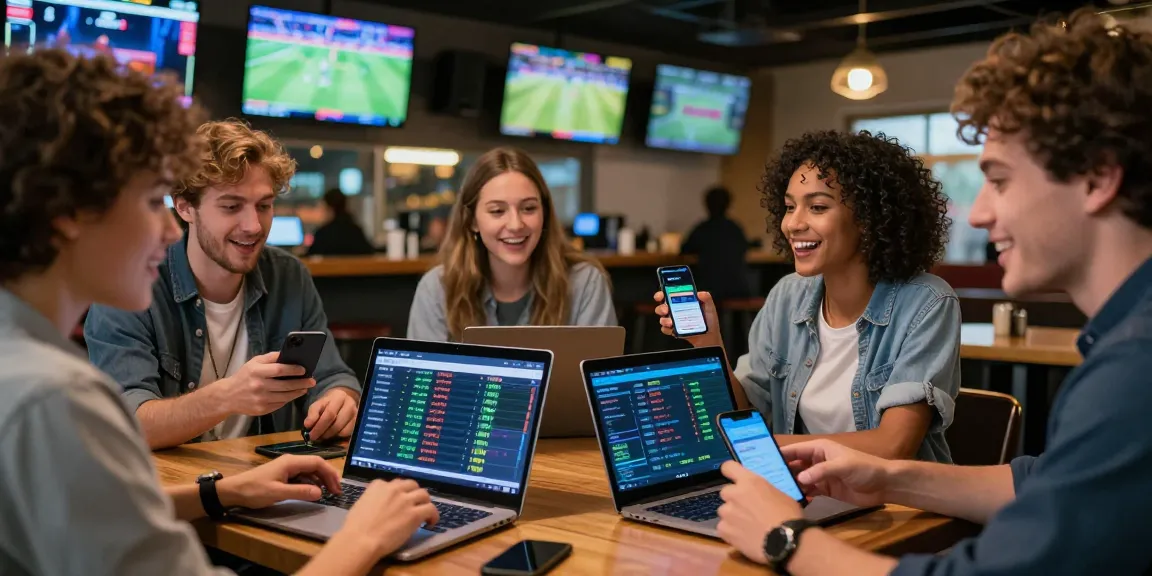 Excited bettors using BetLabel app in a lively sports bar setting with live odds displayed.