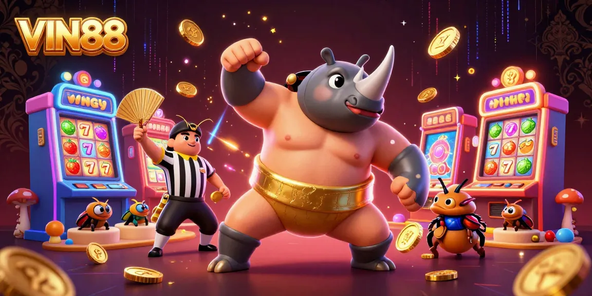Experience the excitement of VIN88 slots with a dynamic 3D illustration of a sumo beetle champion!