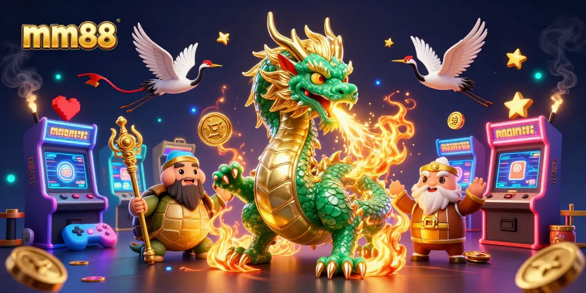 Experience thrilling gameplay at mm88 with a dragon, sage, and lucky cranes amidst vibrant casino elements.