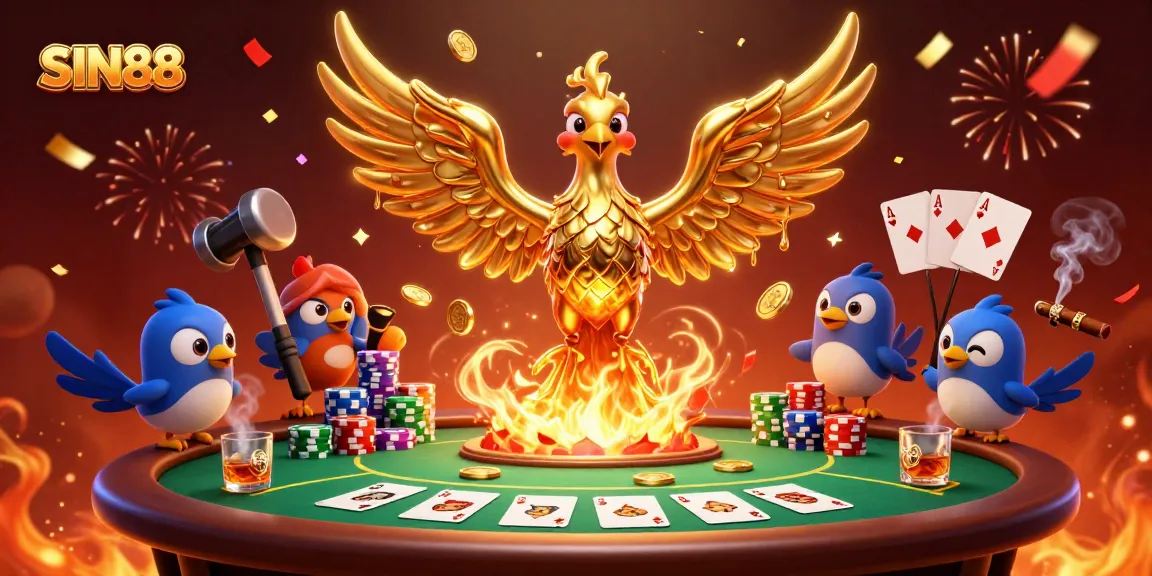 SIN88 players enjoying a vibrant poker night with a phoenix, chips, and exciting game elements.