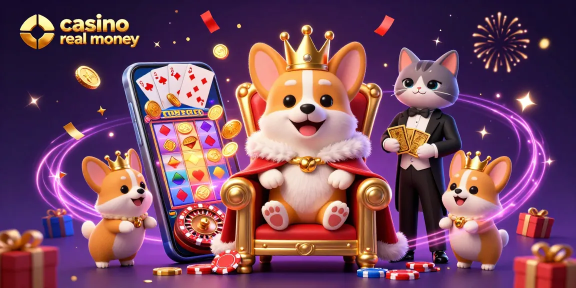 Play exciting casino real money games with a royal corgi and vibrant slot scenes.