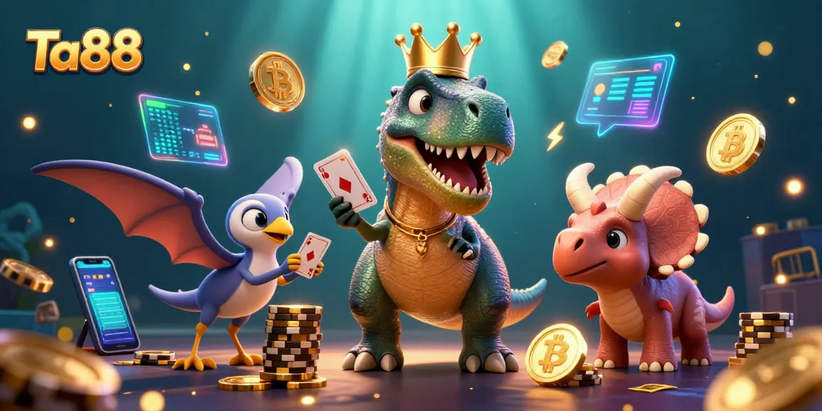 Experience strategic poker fun with Ta88's T-Rex, assistants, and vibrant crypto elements!