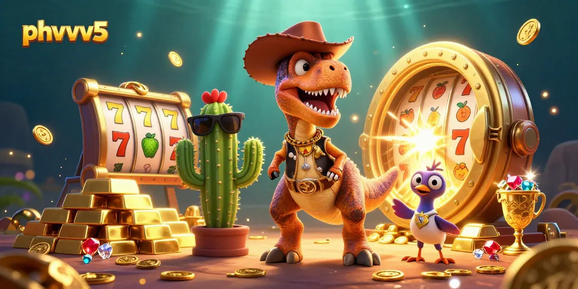 Engage with phvvv5's vivid casino scene featuring a cowboy dinosaur and slot symbols.