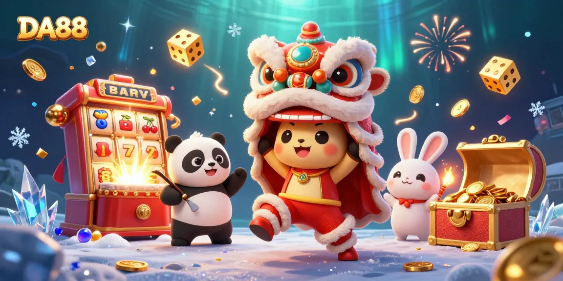 DA88 slot machine bursting with jackpots, featuring a vibrant lion dance scene.