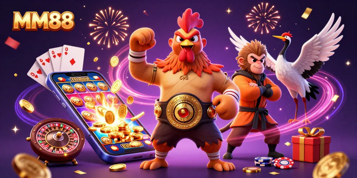 Experience the excitement of MM88 with a vibrant 3D illustration of gaming and winning!